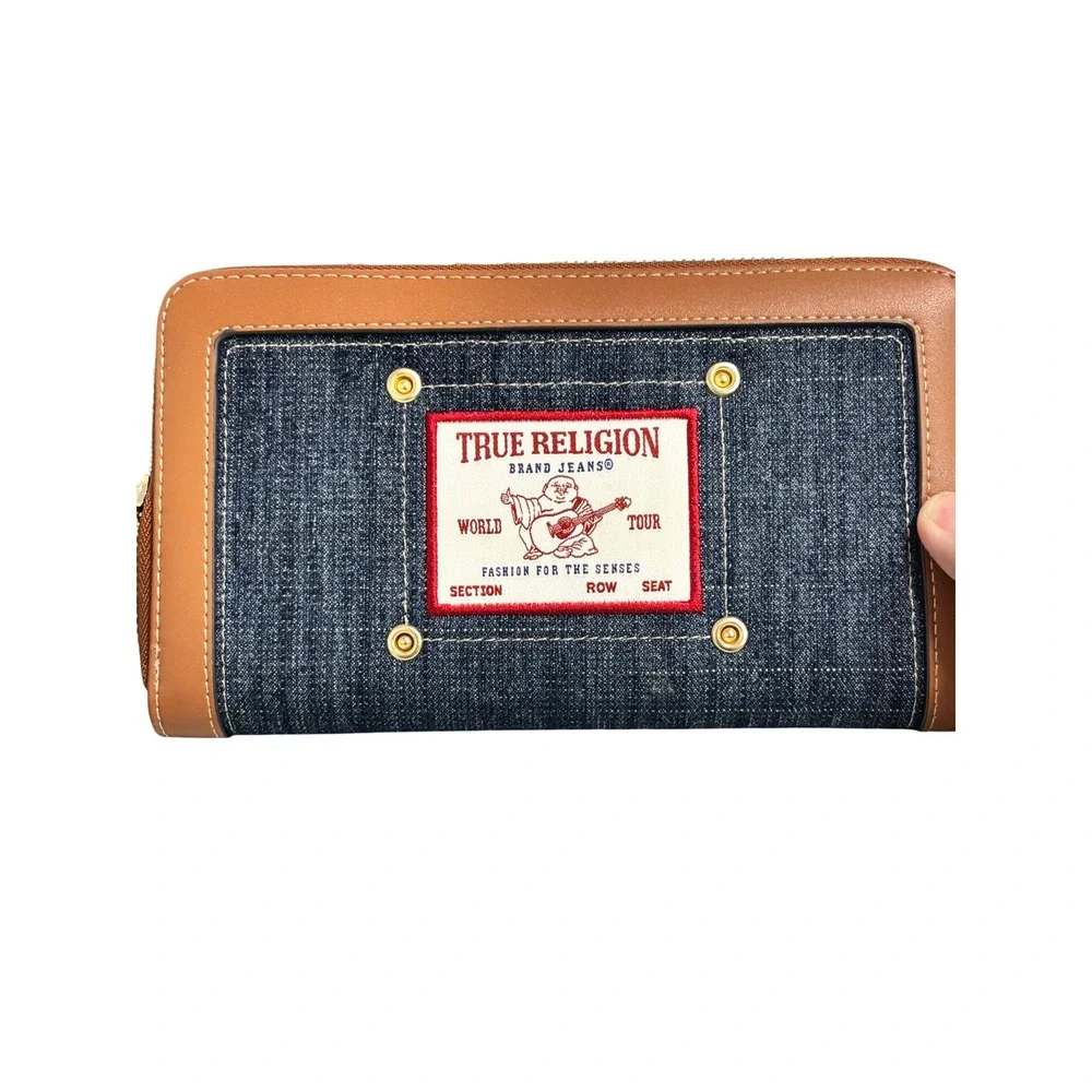 True Religion Denim Zip Around Wristlet Wallet Blue Brown Buddha Logo Patch